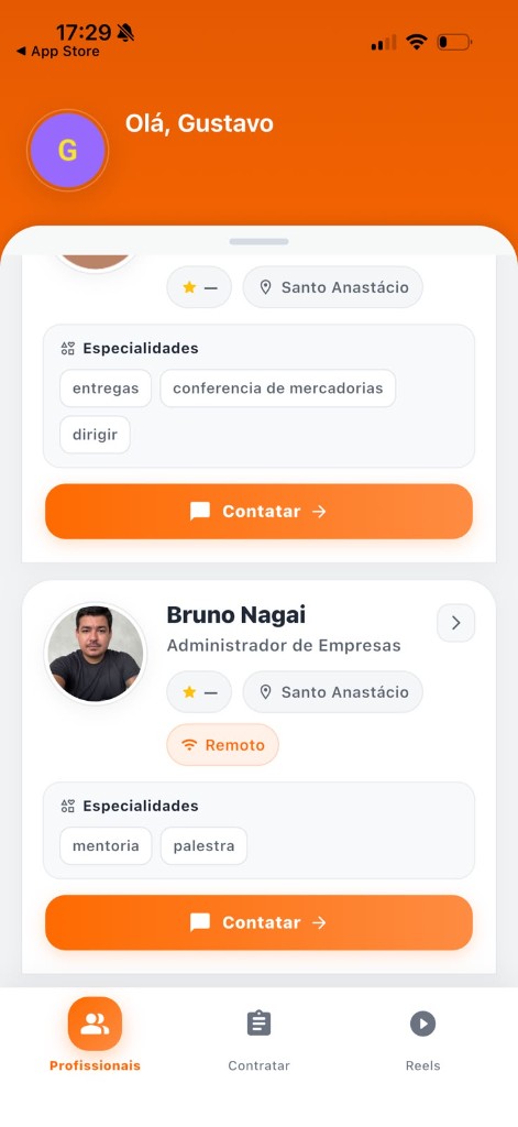 Tela de profissionais no app